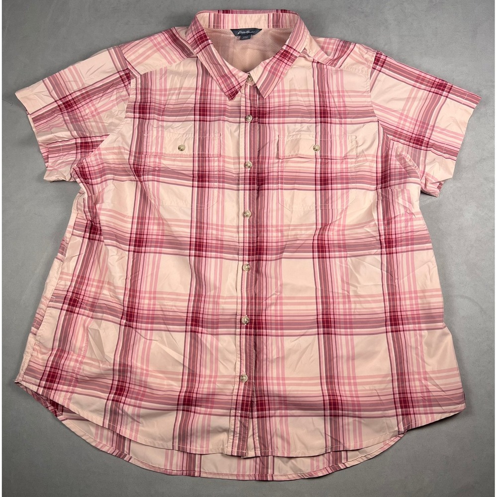 Eddie Bauer Women XXL Pink Plaid Short Sleeve Button Up Hiking Mesh Vented Shirt